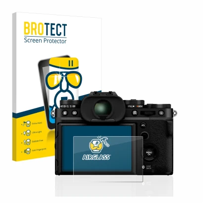 Parte frontale di una confezione del prodotto con il logo del marchio BROTECT. Accanto è raffigurato il dispositivo Fujifilm X