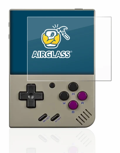 Immagine del dispositivo Miyoo Mini Plus con un'ampia varietà di protezioni per lo schermo.