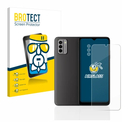 Parte frontale di una confezione del prodotto con il logo del marchio BROTECT. Accanto è raffigurato il dispositivo Nokia G22 