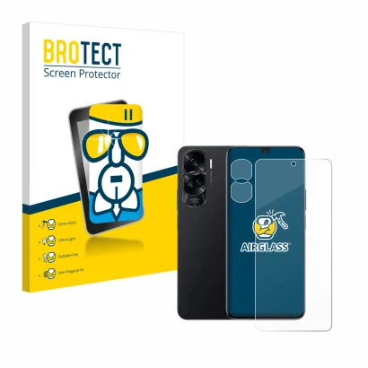Parte frontale di una confezione del prodotto con il logo del marchio BROTECT. Accanto è raffigurato il dispositivo Honor 90 L