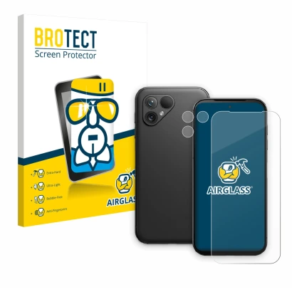 Parte frontale di una confezione del prodotto con il logo del marchio BROTECT. Accanto è raffigurato il dispositivo Fairphone