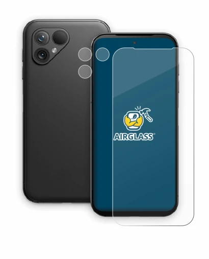 Immagine del dispositivo Fairphone 5 (Fronte+Fotocamera) con un'ampia varietà di protezioni per lo schermo.
