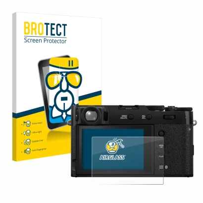 Parte frontale di una confezione del prodotto con il logo del marchio BROTECT. Accanto è raffigurato il dispositivo Fujifilm X