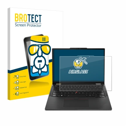 Parte frontale di una confezione del prodotto con il logo del marchio BROTECT. Accanto è raffigurato il dispositivo Lenovo Thi