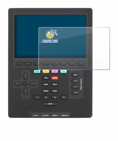 Immagine del dispositivo Polyend Tracker Mini con un'ampia varietà di protezioni per lo schermo.