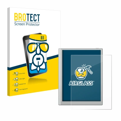 Parte frontale di una confezione del prodotto con il logo del marchio BROTECT. Accanto è raffigurato il dispositivo Boox Go 10