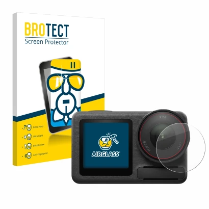 Parte frontale di una confezione del prodotto con il logo del marchio BROTECT. Accanto è raffigurato il dispositivo DJI Osmo A