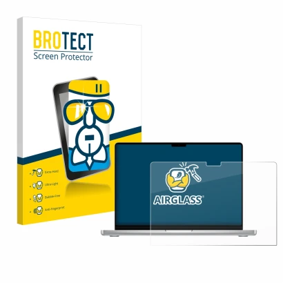 Parte frontale di una confezione del prodotto con il logo del marchio BROTECT. Accanto è raffigurato il dispositivo Apple MacB