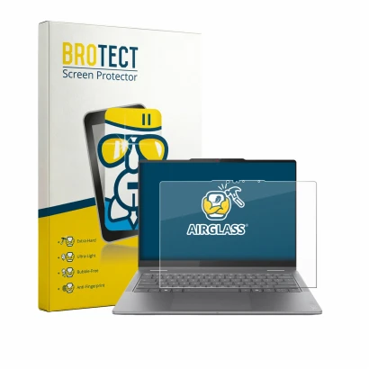 Parte frontale di una confezione del prodotto con il logo del marchio BROTECT. Accanto è raffigurato il dispositivo Lenovo Yog