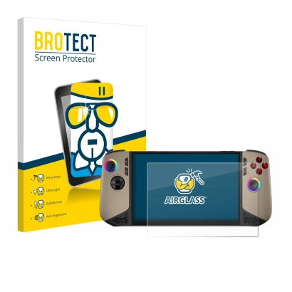 Parte frontale di una confezione del prodotto con il logo del marchio BROTECT. Accanto è raffigurato il dispositivo MSI Claw 8