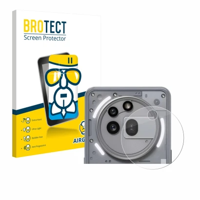 Parte frontale di una confezione del prodotto con il logo del marchio BROTECT. Accanto è raffigurato il dispositivo Nothing Ph