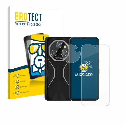 Parte frontale di una confezione del prodotto con il logo del marchio BROTECT. Accanto è raffigurato il dispositivo Oukitel WP