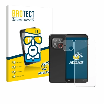 Parte frontale di una confezione del prodotto con il logo del marchio BROTECT. Accanto è raffigurato il dispositivo Emporia Sm