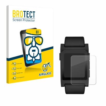 Parte frontale di una confezione del prodotto con il logo del marchio BROTECT. Accanto è raffigurato il dispositivo Pebble 2 D