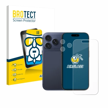 Parte frontale di una confezione del prodotto con il logo del marchio BROTECT. Accanto è raffigurato il dispositivo Apple iPho