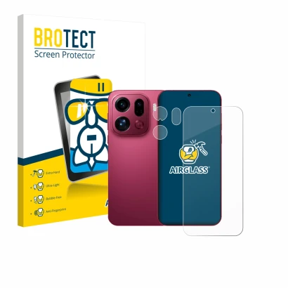 Parte frontale di una confezione del prodotto con il logo del marchio BROTECT. Accanto è raffigurato il dispositivo Oppo Find 