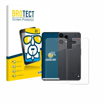 Parte frontale di una confezione del prodotto con il logo del marchio BROTECT. Accanto è raffigurato il dispositivo Nothing Ph