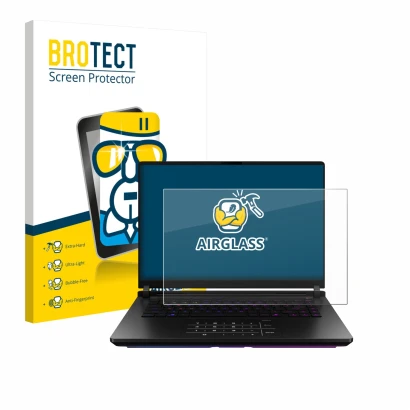 Parte frontale di una confezione del prodotto con il logo del marchio BROTECT. Accanto è raffigurato il dispositivo ASUS ROG S