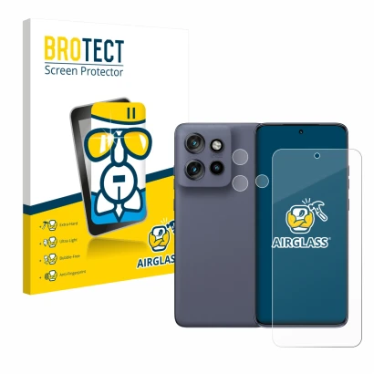 Parte frontale di una confezione del prodotto con il logo del marchio BROTECT. Accanto è raffigurato il dispositivo Motorola E