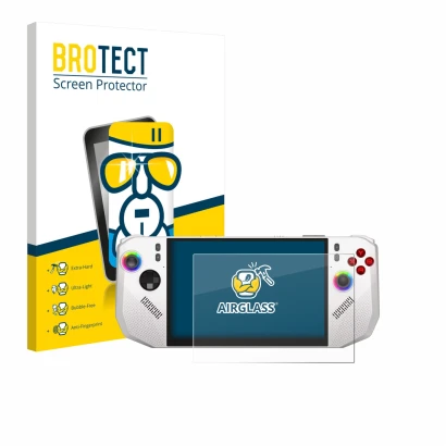 Parte frontale di una confezione del prodotto con il logo del marchio BROTECT. Accanto è raffigurato il dispositivo MSI Claw A
