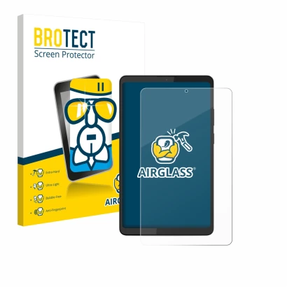 Parte frontale di una confezione del prodotto con il logo del marchio BROTECT. Accanto è raffigurato il dispositivo Lenovo Tab