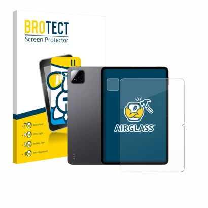 Parte frontale di una confezione del prodotto con il logo del marchio BROTECT. Accanto è raffigurato il dispositivo Xiaomi Pad