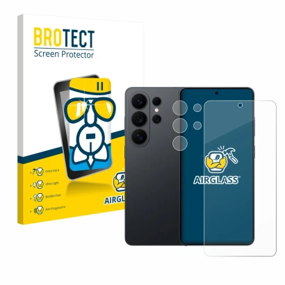 Parte frontale di una confezione del prodotto con il logo del marchio BROTECT. Accanto è raffigurato il dispositivo Samsung Ga