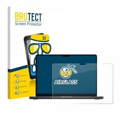 Parte frontale di una confezione del prodotto con il logo del marchio BROTECT. Accanto è raffigurato il dispositivo Apple MacB