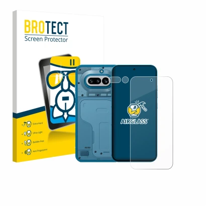 Parte frontale di una confezione del prodotto con il logo del marchio BROTECT. Accanto è raffigurato il dispositivo Nothing Ph