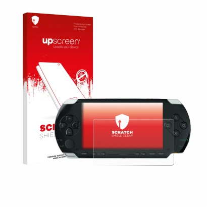 Parte frontale di una confezione del prodotto con il logo del marchio upscreen. Accanto è raffigurato il dispositivo Sony PSP