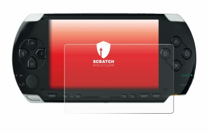Immagine del dispositivo Sony PSP 1000 con un'ampia varietà di protezioni per lo schermo.
