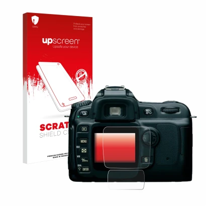 Parte frontale di una confezione del prodotto con il logo del marchio upscreen. Accanto è raffigurato il dispositivo Nikon D50