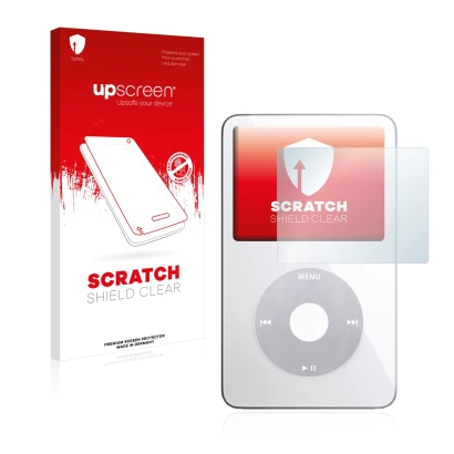 Parte frontale di una confezione del prodotto con il logo del marchio upscreen. Accanto è raffigurato il dispositivo Apple iPo