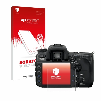 Parte frontale di una confezione del prodotto con il logo del marchio upscreen. Accanto è raffigurato il dispositivo Sony Alph