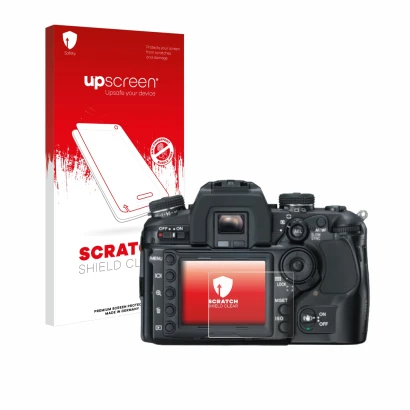 Parte frontale di una confezione del prodotto con il logo del marchio upscreen. Accanto è raffigurato il dispositivo Konica Mi