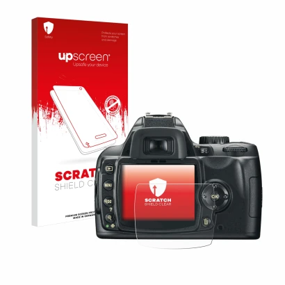 Parte frontale di una confezione del prodotto con il logo del marchio upscreen. Accanto è raffigurato il dispositivo Nikon D60