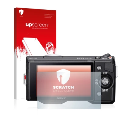 Parte frontale di una confezione del prodotto con il logo del marchio upscreen. Accanto è raffigurato il dispositivo Sony Alph