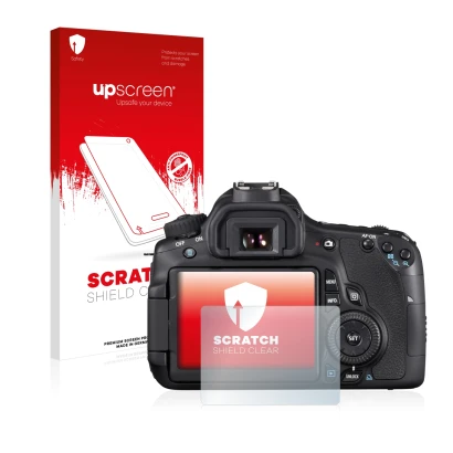 Parte frontale di una confezione del prodotto con il logo del marchio upscreen. Accanto è raffigurato il dispositivo Canon EOS
