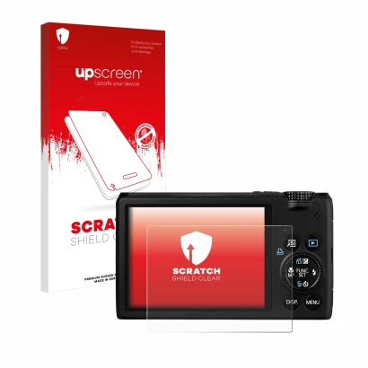 Parte frontale di una confezione del prodotto con il logo del marchio upscreen. Accanto è raffigurato il dispositivo Canon Pow