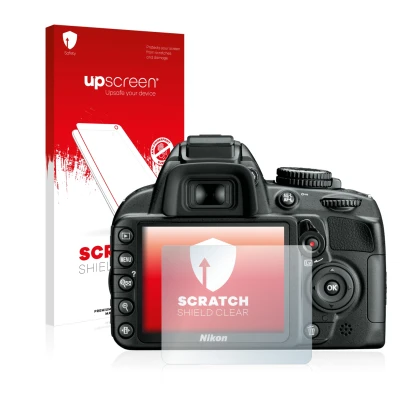 Parte frontale di una confezione del prodotto con il logo del marchio upscreen. Accanto è raffigurato il dispositivo Nikon D31