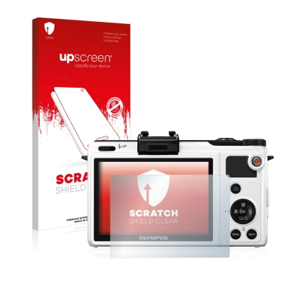 Parte frontale di una confezione del prodotto con il logo del marchio upscreen. Accanto è raffigurato il dispositivo Olympus X