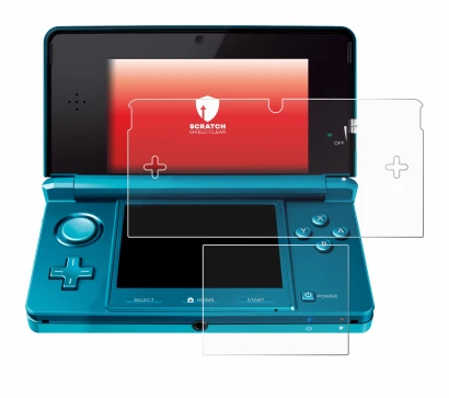 Immagine del dispositivo Nintendo 3DS con un'ampia varietà di protezioni per lo schermo.