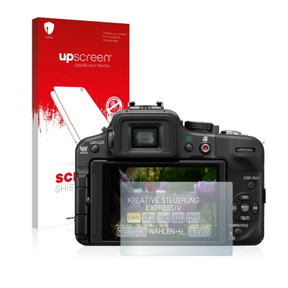 Parte frontale di una confezione del prodotto con il logo del marchio upscreen. Accanto è raffigurato il dispositivo Panasonic