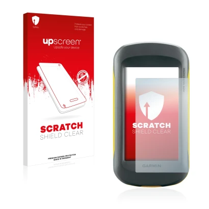 Parte frontale di una confezione del prodotto con il logo del marchio upscreen. Accanto è raffigurato il dispositivo Garmin Mo