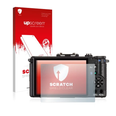 Parte frontale di una confezione del prodotto con il logo del marchio upscreen. Accanto è raffigurato il dispositivo Pentax Q