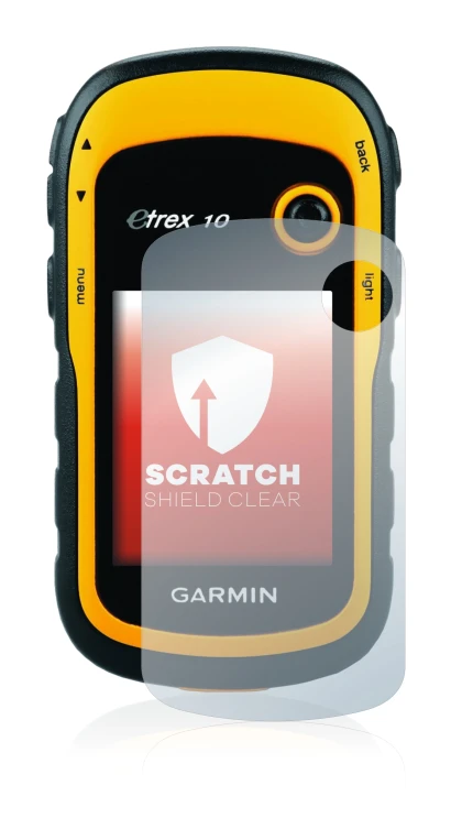Immagine del dispositivo Garmin eTrex 10 con un'ampia varietà di protezioni per lo schermo.