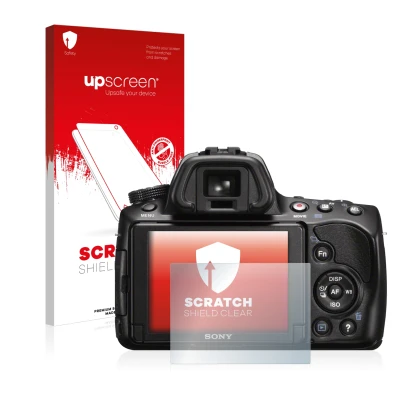 Parte frontale di una confezione del prodotto con il logo del marchio upscreen. Accanto è raffigurato il dispositivo Sony Alph