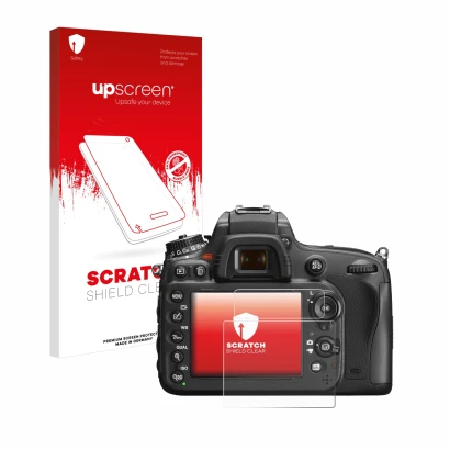 Parte frontale di una confezione del prodotto con il logo del marchio upscreen. Accanto è raffigurato il dispositivo Nikon D60