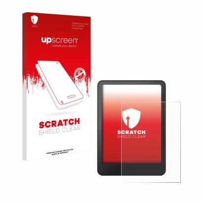 Parte frontale di una confezione del prodotto con il logo del marchio upscreen. Accanto è raffigurato il dispositivo Amazon Ki