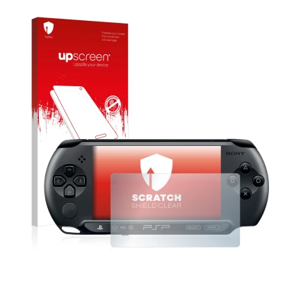 Parte frontale di una confezione del prodotto con il logo del marchio upscreen. Accanto è raffigurato il dispositivo Sony PSP 